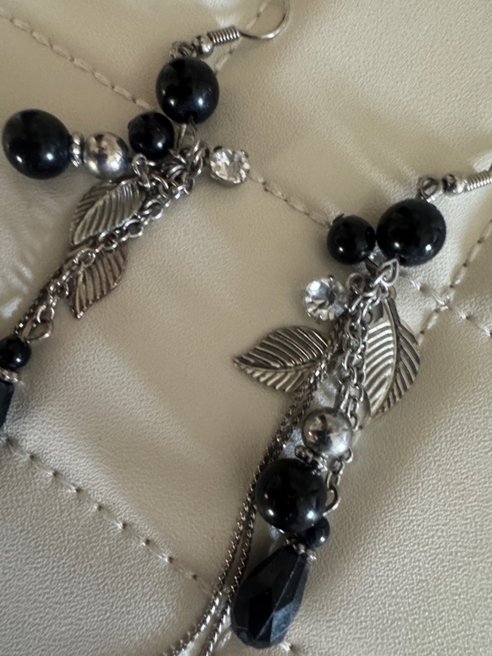 Sterling Leaf & Black Bead Drop Earrings - Women Jewelry - Picture 3 of 4